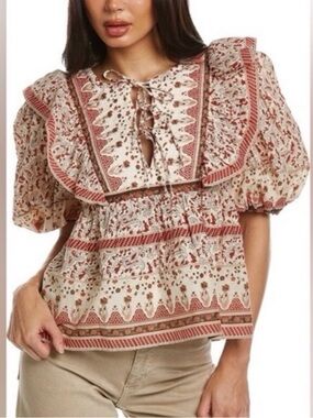 Calypso St. Barth Quilted Yoke Puff Sleeve Floral Ivory Red Cotton Blouse XL